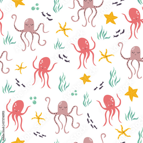 Seamless pattern with cute octopuses and starfishes. Vector illustration.