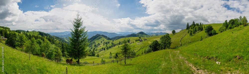 Carpathian mountains panorama with sunlight landscape in summer