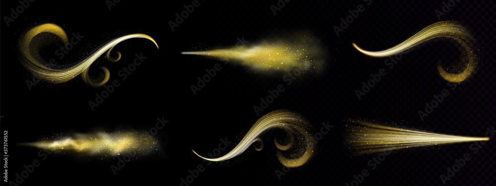 Gold magic spray, fairy glitter dust with golden particles trace. Stardust trails, glow waves with sparks and smoke. Yellow shining shimmer on black background Realistic 3d vector isolated clipart set