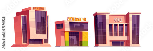 Buildings of school, kindergarten and university isolated on white background. Vector cartoon set of education houses, exterior of college, primary or elementary school, daycare