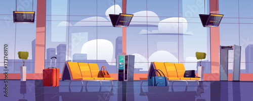 Airport waiting room, empty terminal interior with chairs, luggage, security scanner and schedule display. Departure area with vending machine, seats and metal detector, cartoon vector illustration
