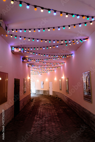 Colorful garland on the ceiling