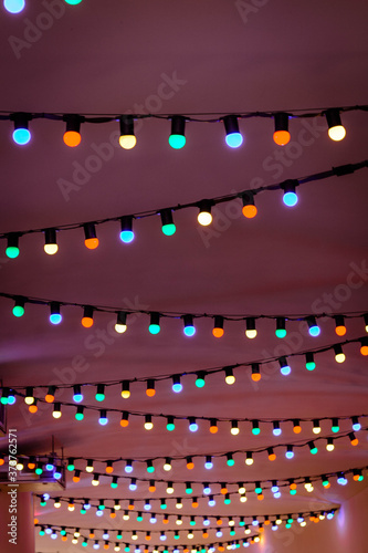Colorful garland on the ceiling