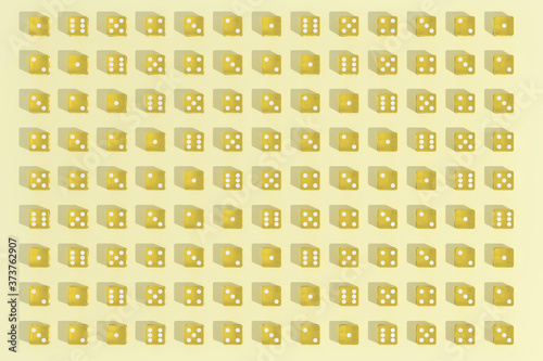 Yellow dice pattern on yellow background. 3d illustration.