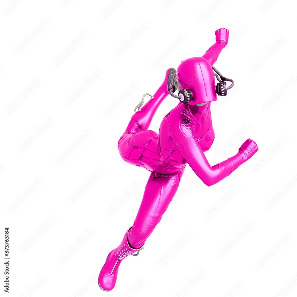 cyber soldier female doing a ballet run with copy space on left side