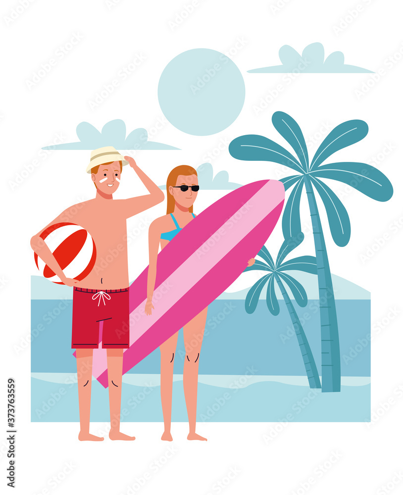 young couple wearing swimsuits with surfboard and balloon on the beach scene