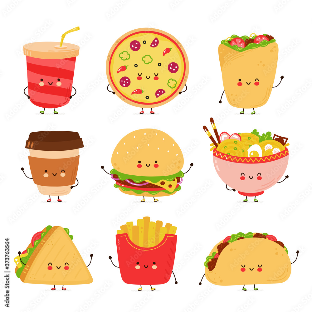 Cute happy fast food characters set