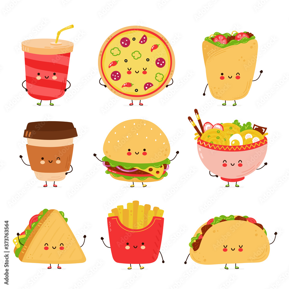 Cute happy fast food characters set Cute happy fast food characters set