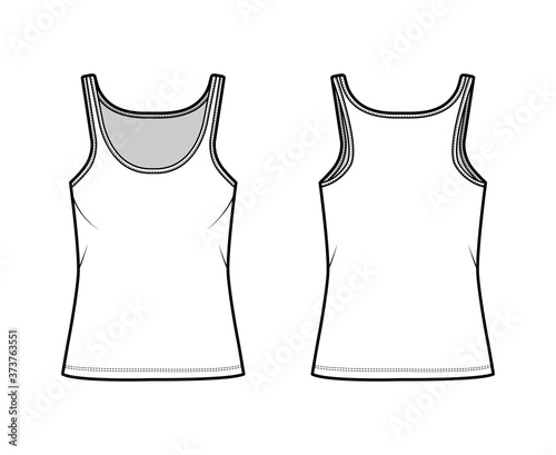 Cotton-jersey tank technical fashion illustration with scoop neck, relaxed fit, tunic length. Flat outwear basic camisole apparel template front back white color. Women men unisex shirt top CAD mockup