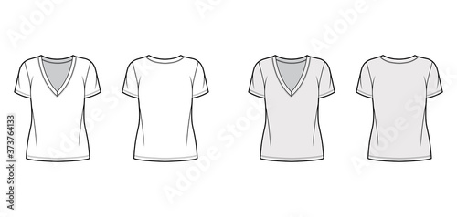 Cotton-jersey t-shirt technical fashion illustration with plunging V-neckline, short sleeves, oversized. Flat outwear basic apparel template front back white grey color. Women men unisex top mockup
