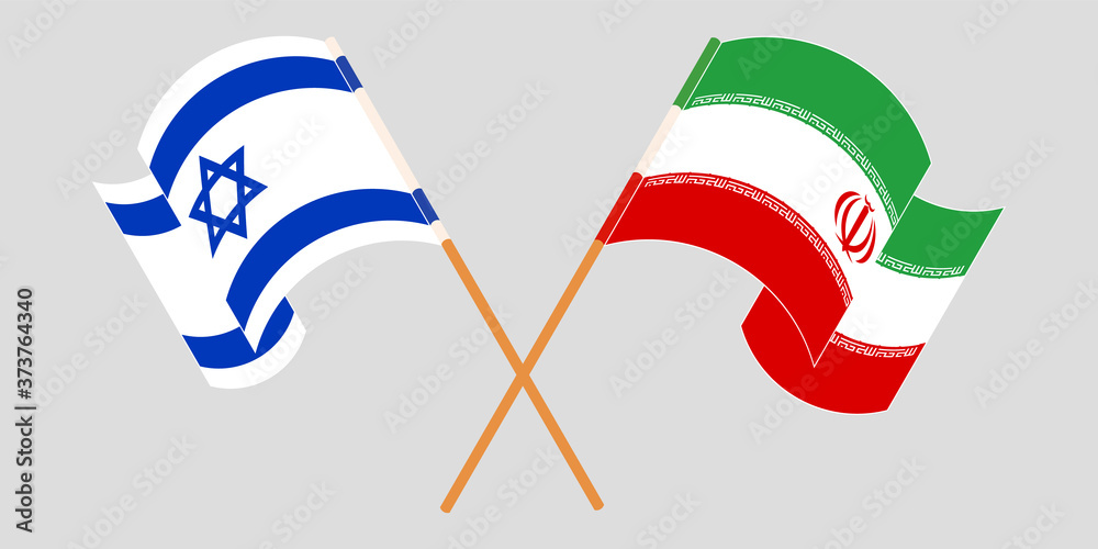 Crossed and waving flags of Iran and Israel Crossed and waving flags of Iran and Israel