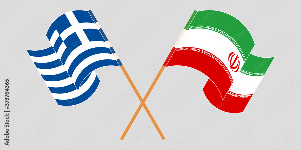 Crossed and waving flags of Iran and Greece Crossed and waving flags of Iran and Greece