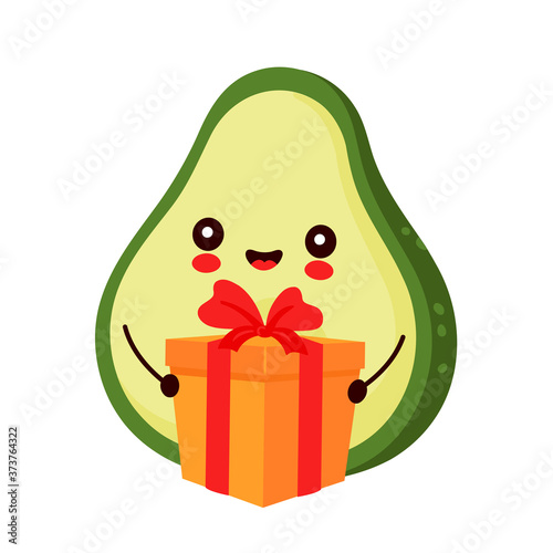 Cute happy avocado character with gift box
