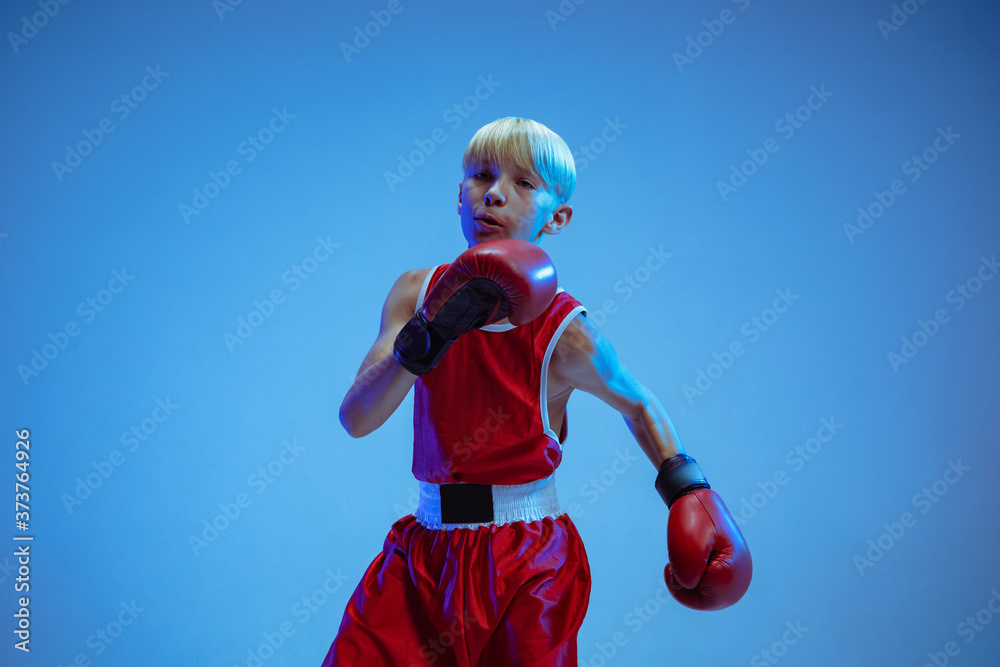 Teenager in sportswear boxing isolated on blue studio background in neon light. Novice male caucasian boxer training hard and working out, kicking. Sport, healthy lifestyle, movement concept. Teenager in sportswear boxing isolated on blue studio background in neon light. Novice male caucasian boxer training hard and working out, kicking. Sport, healthy lifestyle, movement concept.
