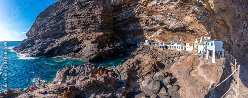 Panoramic view from the spectacular interior of the cave of the town of Poris de Candelaria on the north-west coast of the island of La Palma, Canary Islands. Spain. Pirate town photo