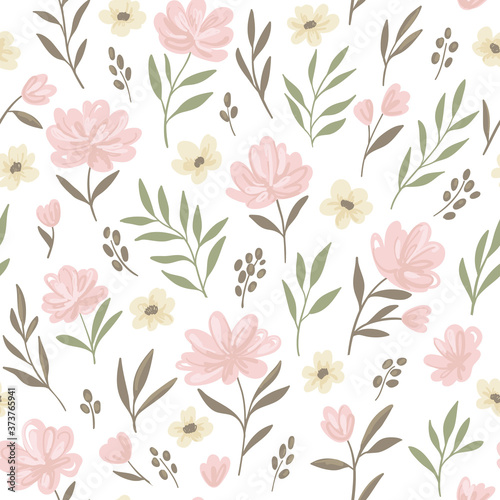 Floral ditsy vector seamless pattern. Texture design with pink flowers and branches in pastel color. Trendy repeated pattern for textile and wallpaper
