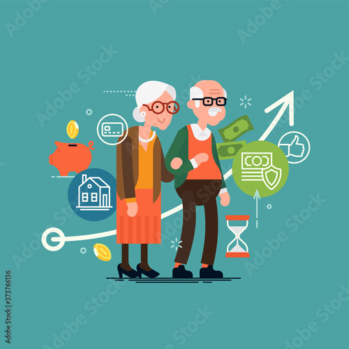 Pension savings and planning concept illustration with elderly couple, financial and accounting icons and symbols such as piggy bank, cash money, coins, savings, time period, etc.