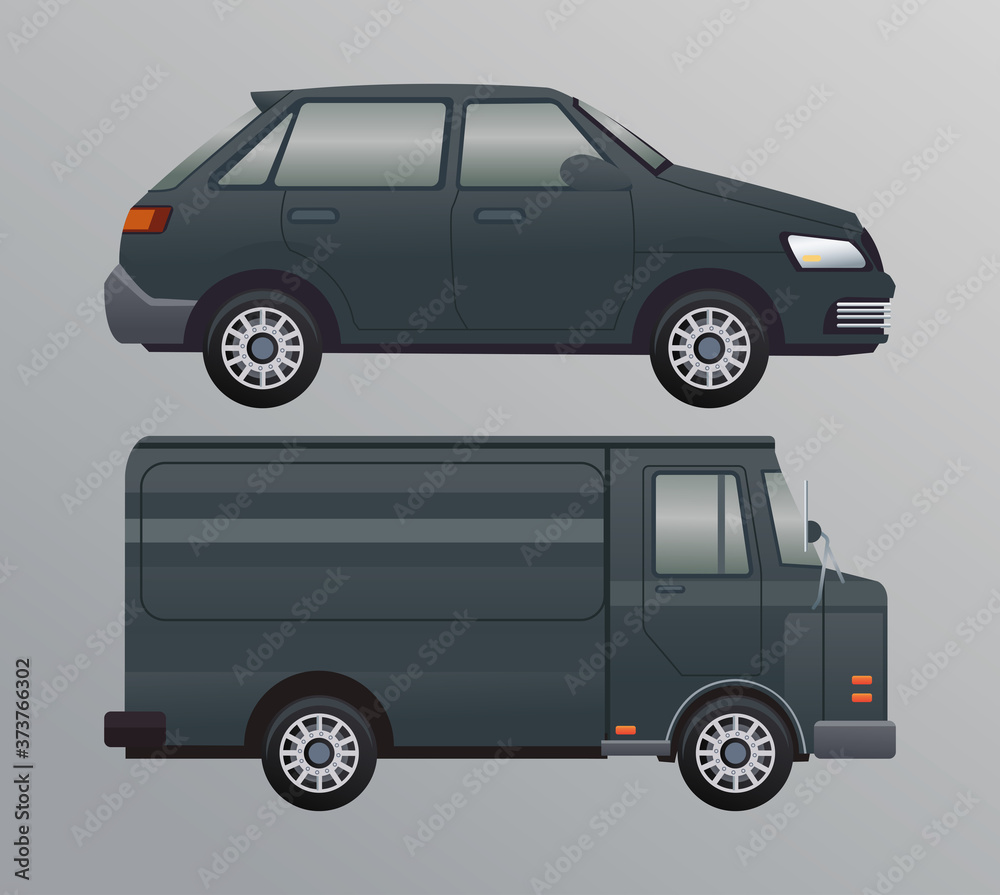 black van and car vehicle transport mockup