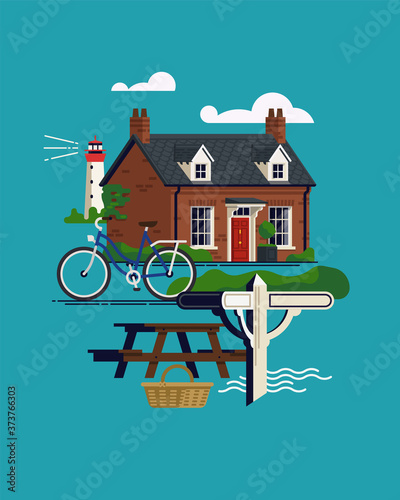 Beautiful vector flat concept design on UK countryside vacation and weekend recreation with lighthouse, Georgian cottage, bicycle, picnic table, direction signpost. Outdoors walks and rides