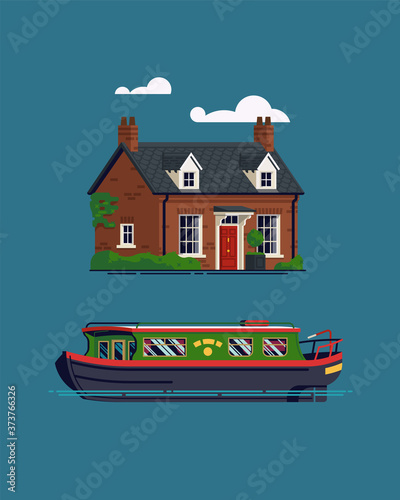 Fototapete Cute flat design vector illustration on British countryside vacation and recreat