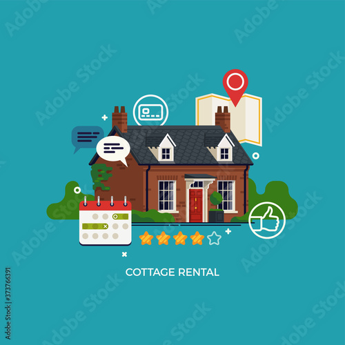 Cottage rental concept vector design element with small Georgian cottage as vacation home or guest house, location map, calendar, ratings and other property renting themed symbols
