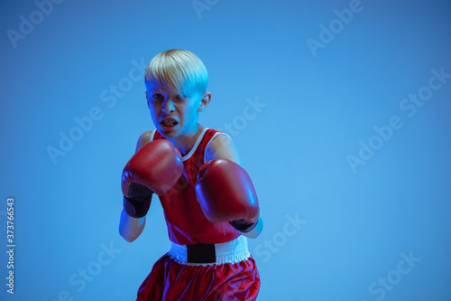 Teenager in sportswear boxing isolated on blue studio background in neon light. Novice male caucasian boxer training hard and working out, kicking. Sport, healthy lifestyle, movement concept. © master1305