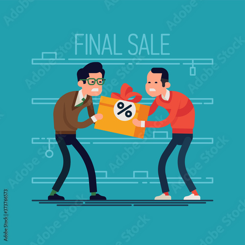 Funny flat character design on crazy shopping sale and seasonal allowance consumption madness with two men fighting each other for last marked down item left in stock