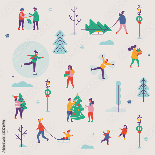 Beautiful vector winter season pattern featuring Christmas holidays outdoor activities. Abstract people making snowman  carrying xmas trees on sleigh  carrying gift boxes  ice skating  playing  etc.