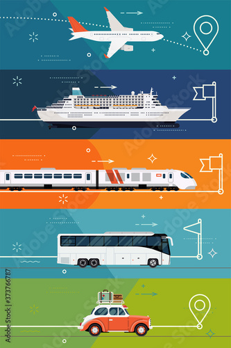 Illustrations on different types of transport. Travel destinations and touristic routes. Cool set of vector flat design banner templates on travel by plane, by train, ocean liner, bus or car