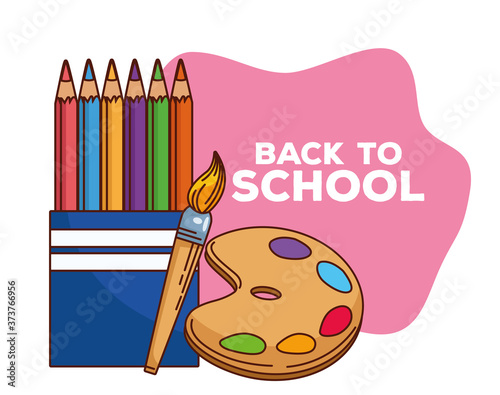 back to school lettering with colors pencils and paint pallette