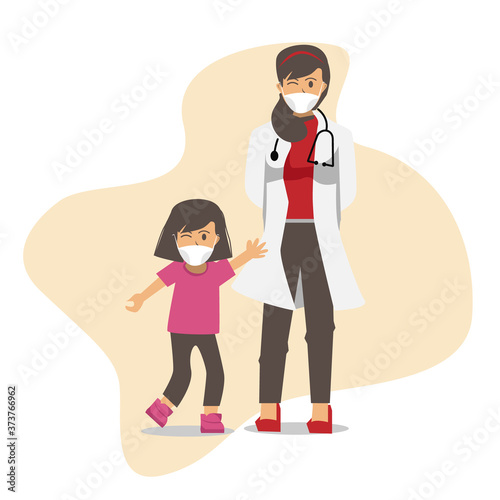 Illustration female doctor and kids wearing face mask design isolate on white background