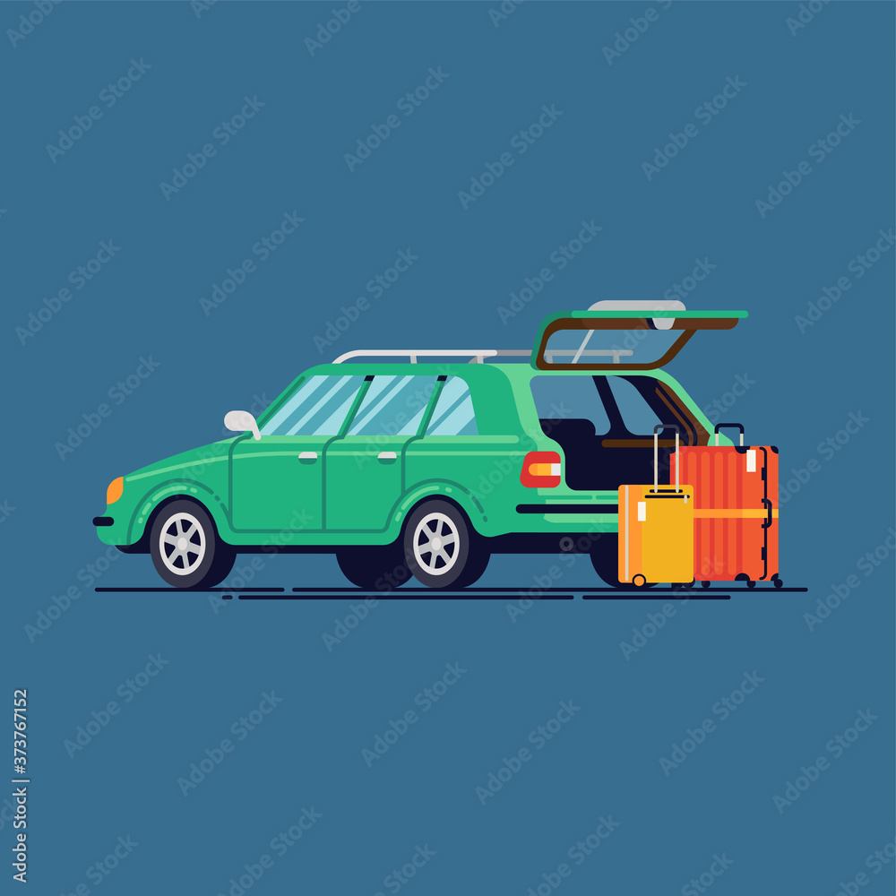 Cool vector flat design illustration on travel and transportation with station wagon car with open trunk and suit cases