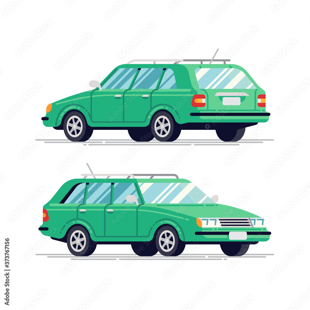 Cool vector transportation flat design item station wagon family car. Classic looking hatchback vehicle, rear and front view Cool vector transportation flat design item station wagon family car. Classic looking hatchback vehicle, rear and front view