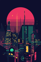 Keuken achterwand Voor hem Synthwave skyline met roze planeet  © Mascha Tace