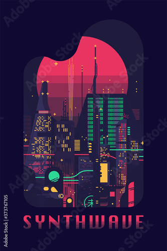 nthwave flat vector concept design. Retro futuristic poster template on 80s style sci-fi. Vector flat design on dark dystopian megalopolis with neon lights, huge skyscrapers and gigantic sun disc