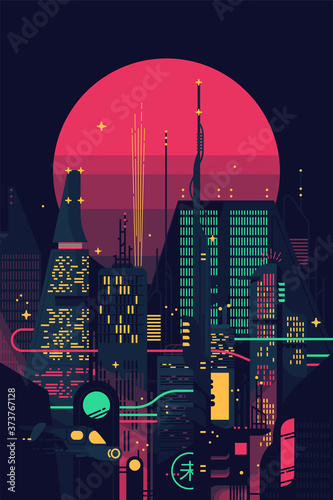 Cool retro futuristic synthwave background with night dystopian cityscape and gigantic pink planet or sun silhouette. Vector flat design on dark sci-fi megalopolis with neon lights, huge skyscrapers