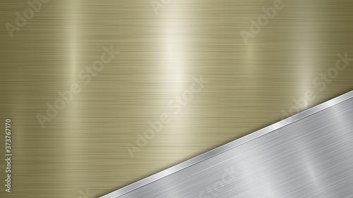 Background consisting of a golden shiny metallic surface and one polished silver plate located in corner, with a metal texture, glares and burnished edge