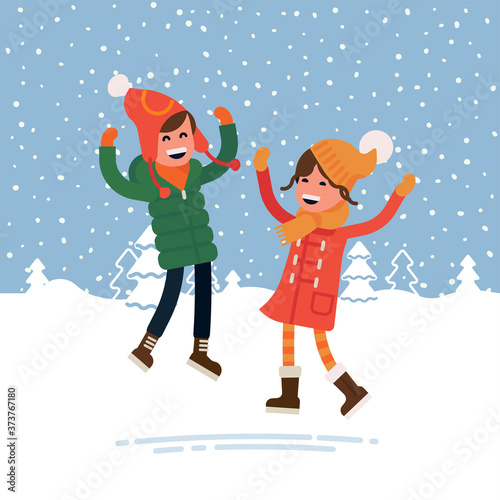 Happy winter kids playing outdoors in the snow vector flat character design illustration with boy wearing ear flaps hat and girl wearing red winter duffel coat and boots