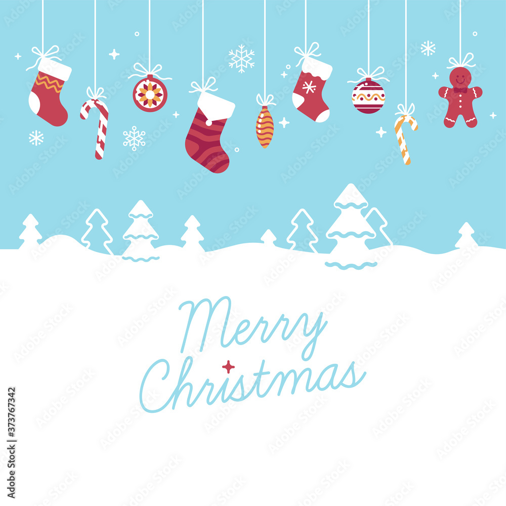 Plakat Lovely bright vector 'Merry Christmas' background with traditional Xmas decorations and snow drifted landscape
