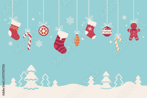 Christmas flat vector background with snowdrifts and traditional winter season holidays decorations, ornaments and elements