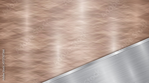 Background consisting of a bronze shiny metallic surface and one polished silver plate located in corner, with a metal texture, glares and burnished edge