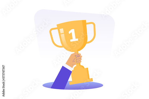 Business goal achievement concept. Businessman holding golden cup award in hand. First place prize victory, competition winner trophy. Isolated vector flat vector illustration