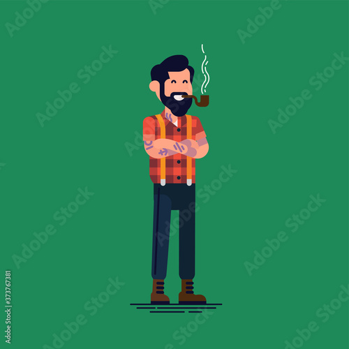 Cool vector flat character design on hipster man with smoking pipe, black beard and tattoos. Wearing red checkered lumberjack shirt, suspenders, and ankle boots
