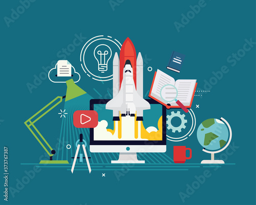 Cool vector startup research concept illustration. Flat vector visual on fast online education and intensive e-learning courses. High productivity in education process