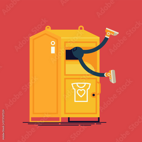 Cool vector concept illustration on clothes donation container being robbed. Man stealing from charity clothing bin