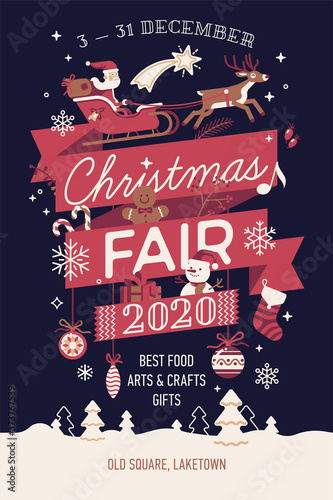 Beautiful vector Christmas Fair poster or banner template with Santa Claus on sleigh and other traditional winter holiday season decorations