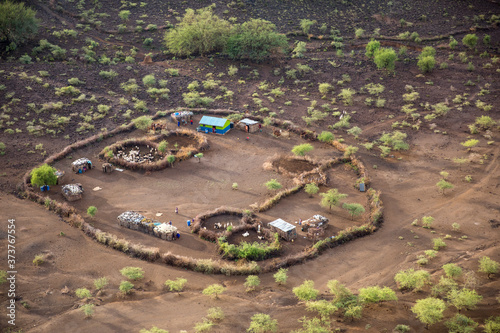 Africa, Kenya, Aerial view of Masai tribal settlement in Rift Valley near Oldonyo Nyokie photo