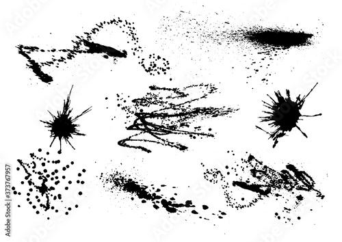 Vector black and white ink splash, blot and brush stroke, spot, spray, smudge, spatter, splatter, drip, drop, ink blob Grunge textured elements for design, background. Burst blast shape