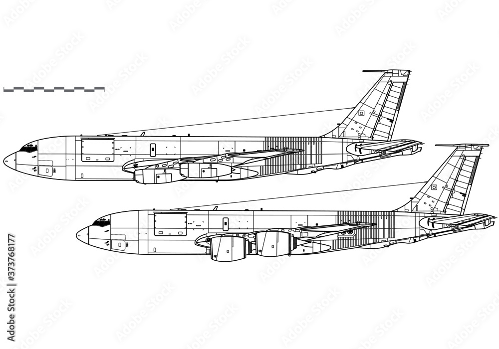 Boeing KC-135 Stratotanker. Vector drawing of aerial refuelling and transport aircraft. Side view. Image for illustration and infographics. Boeing KC-135 Stratotanker. Vector drawing of aerial refuelling and transport aircraft. Side view. Image for illustration and infographics.