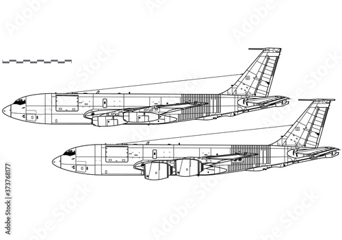 Boeing KC-135 Stratotanker. Vector drawing of aerial refuelling and transport aircraft. Side view. Image for illustration and infographics.